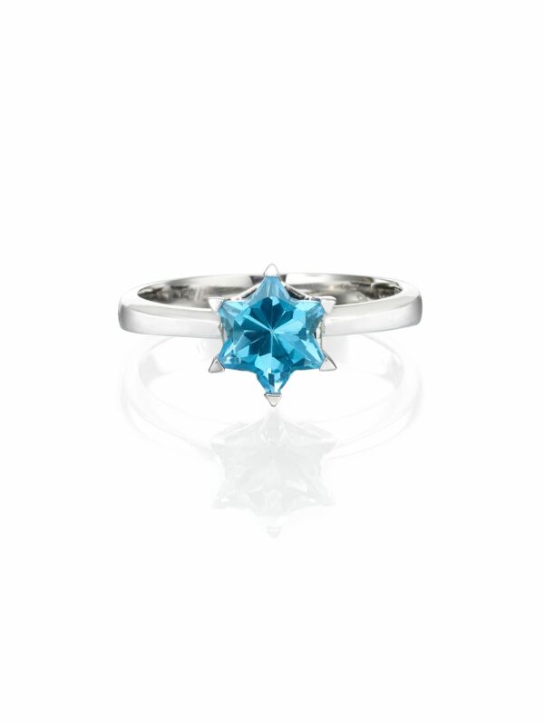טבעת זהב לבן עם טופז כחול בצורת מגן דוד