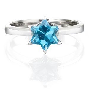 טבעת זהב לבן עם טופז כחול בצורת מגן דוד