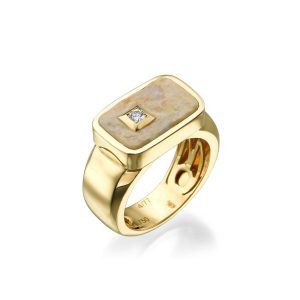 טבעת גבר אבן הר הבית בצורת מלבן ויהלום זהב צהוב